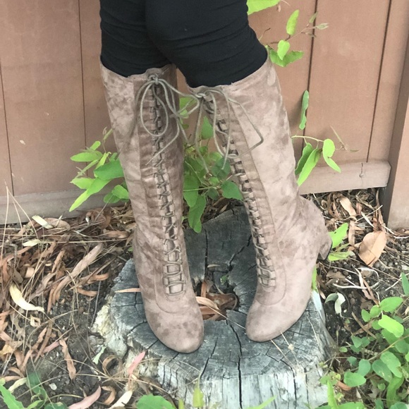 Tall Taupe Lace up Boots - Picture 7 of 8